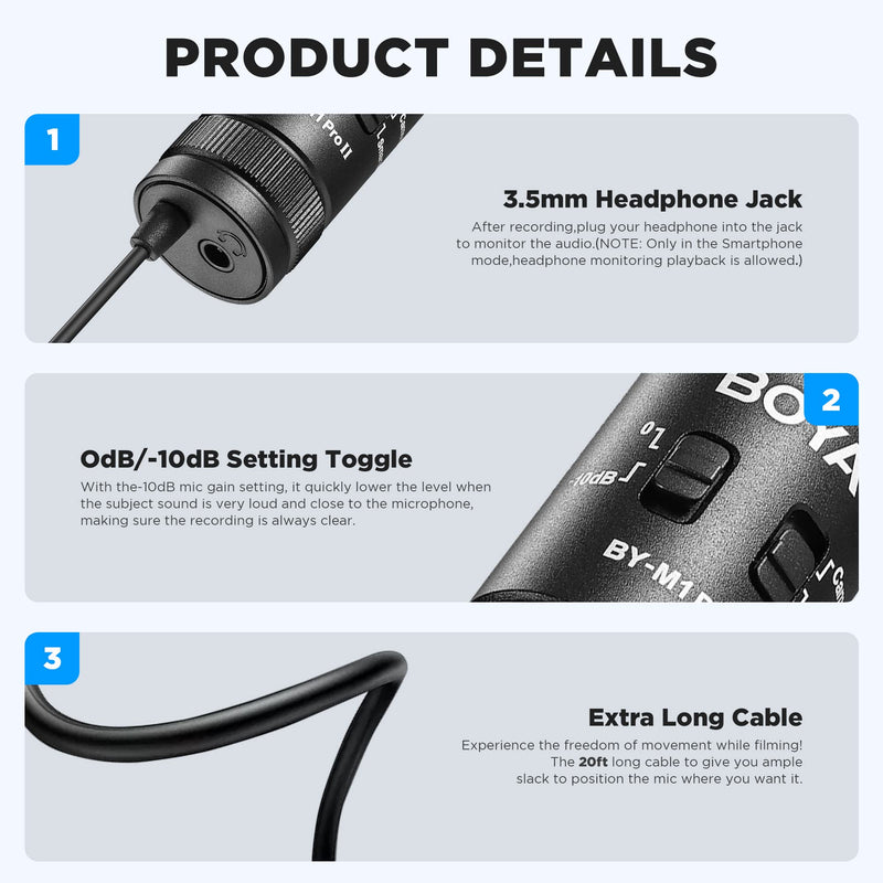 BOYA by-M1 Pro II Lavalier Microphone Noise Cancelling 3.5mm TRS/TRRS Omnidirectional Lapel Mic with Monitoring Port for YouTube Tiktok Interview Broadcast for iPhone/iPad/Smartphone/DSLR Camera BY-M1 Pro Ⅱ
