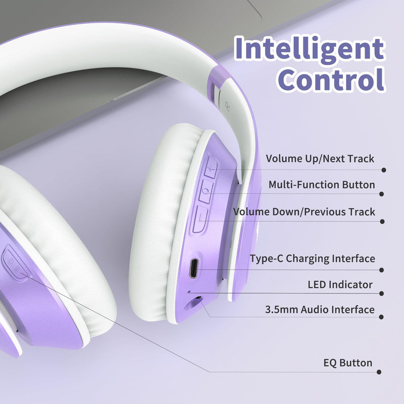 Uliptz Wireless Bluetooth Headphones, 65H Playtime, 6EQ Sound Modes, HiFi Stereo Over Ear Headphones with Microphone, Foldable Bluetooth 5.3 Headphones for Travel/Office/Cellphone/PC (Purple) Purple