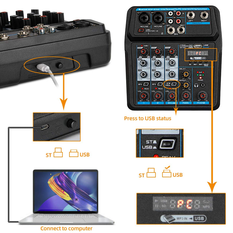 Depusheng U4 Audio Mixer 4-CHANNEL USB Audio Interface Audio Mixer, DJ Sound Controller Interface with USB,Soundcard for PC Recording,USB Audio Interface Audio Mixer,w/Dynamic Mic, for Live Streaming 4 Channel