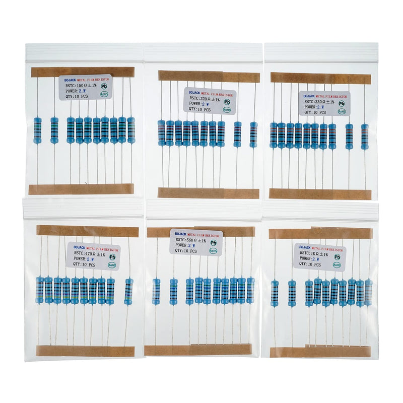 BOJACK 300 Pcs 30 Values Resistor Kit 1 Ohm - 1M Ohm with 1% 2W Metal Film Resistors Assortment 2 W