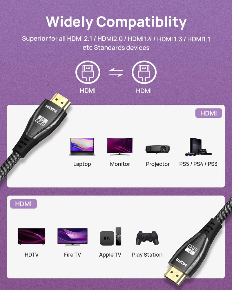 8K HDMI 2.1 Cable 10Ft,Ultra High Speed 48Gbps 8K@60Hz,4K@120Hz@144Hz DSC,HD UHD 7680×4320,eARC HDR10+,HDCP 2.2&2.3,Compatible with PS5/PS4/PS3 (Black)