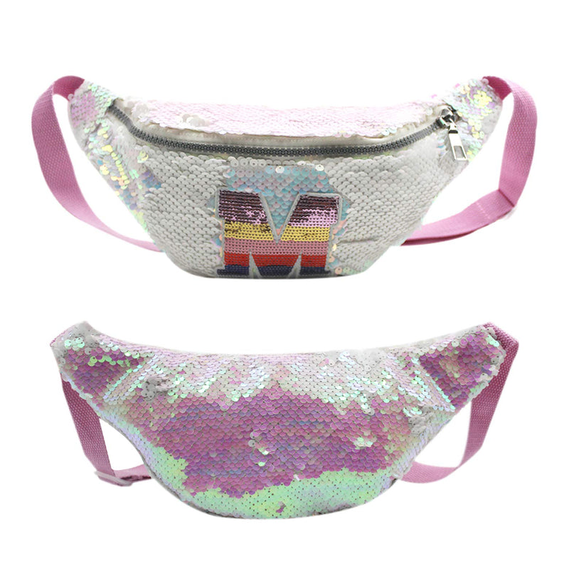 Girls Waist Pack Glitter Reversible Sequin Fanny Pack Cute Small Causal Bag with Belt White