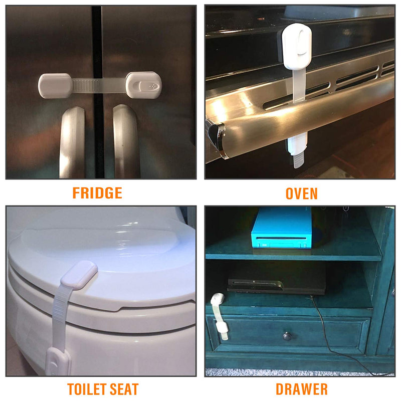Child Safety Cabinet Locks - (10 Pack) Baby Proofing Latches to Drawer Door Fridge Oven Toilet Seat Kitchen Cupboard Appliance Trash Can with 3M Adhesive - Adjustable Strap No Drill No Tool White