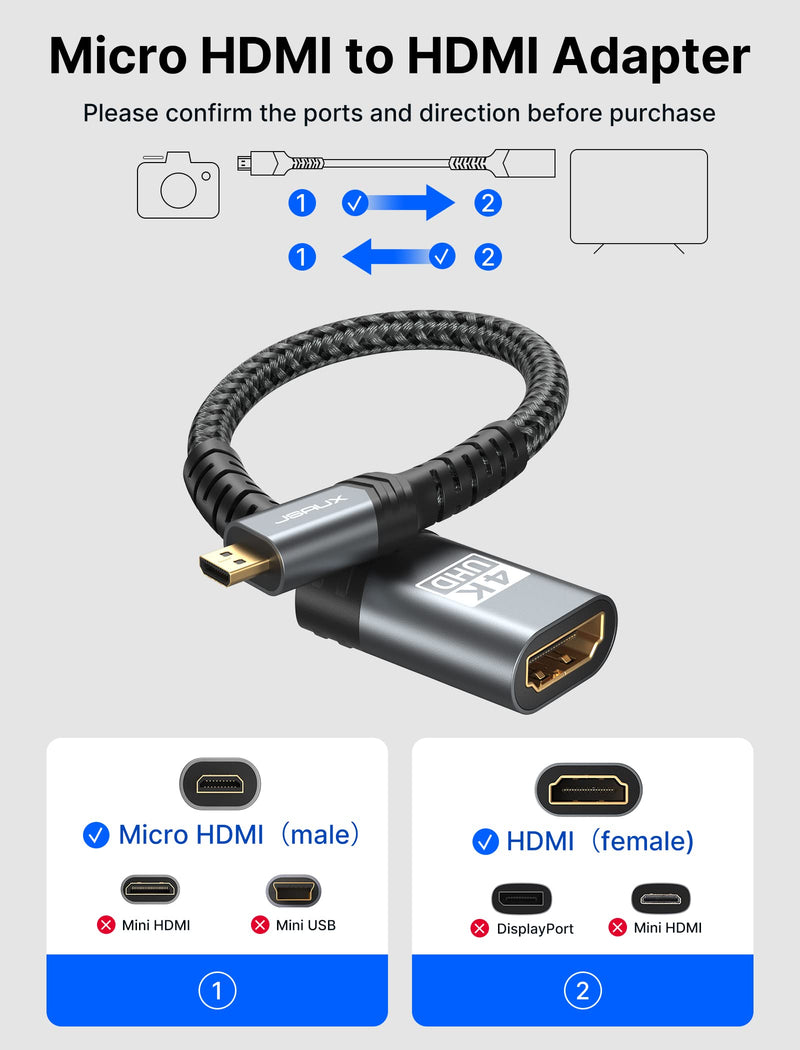 Micro HDMI to HDMI Adapter, JSAUX Micro HDMI Male to HDMI 2.0 Female Cable, 4K@60Hz HDR 3D Dolby 18Gbps, Compatible for Nikon Zfc/GoPro Hero 7/Raspberry Pi 4 /Sony A6000 and Other Action Camera-Grey Grey