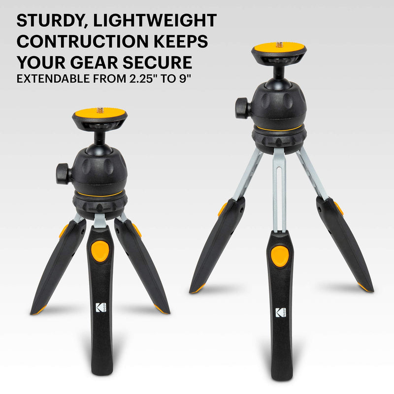 KODAK PhotoGear Mini Adjustable Tripod with Remote, 360° Ball Head, Compact 9” Tabletop Tripod,11” Selfie Stick, 5-Position Legs, Rubber Feet, Smartphone & Action Camera Adapters, E-Guide Included