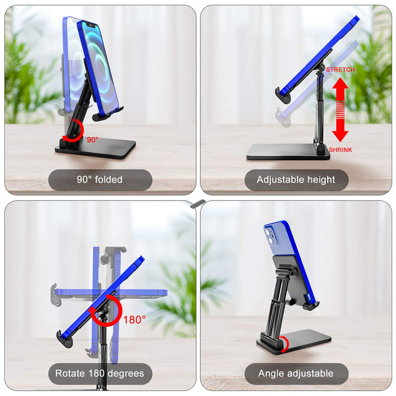 Foldable Cell Phone Stand for Desk, Angle & Height Adjustable Desk Phone Stand Holder with Stable Anti-Slip Design, Compatibel with iPhone 12/12 Pro/11/Smartphones/iPad Mini/Kindle/Tablet - Black