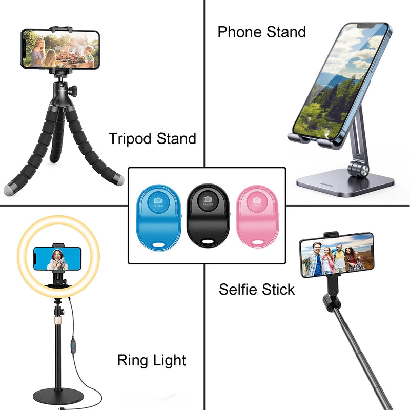 Wireless Smartphone Camera Remote Control (3 Pack) for Photos & Videos, Bluetooth Remote Shutter for iPhone/Android/iPad/Tablets with Adjustable Wrist Strap,Selfie Clicker for Photos & Videos. Blue-Pink-Black