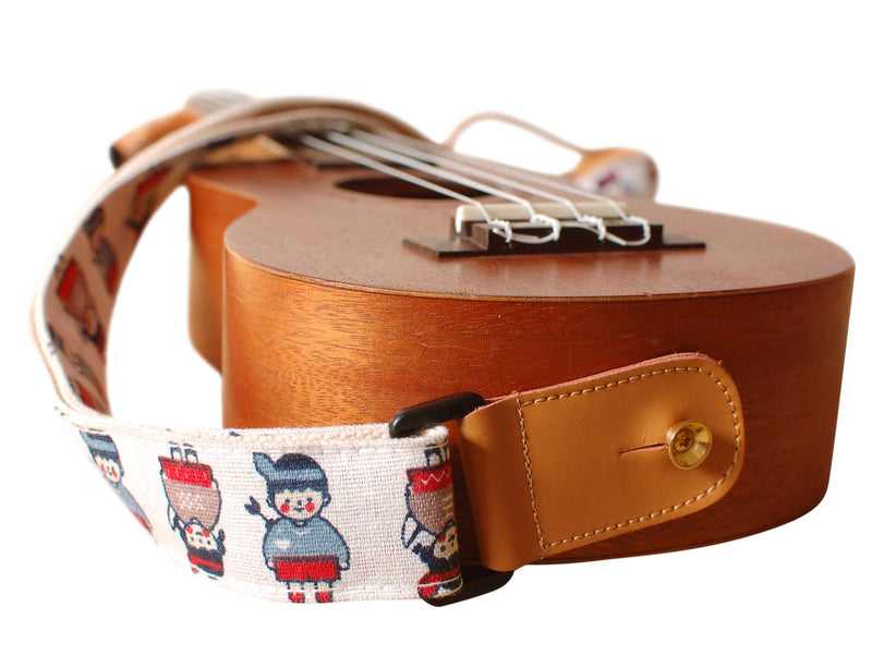 MUSIC FIRST Original Design “CARTOON KIDS” Soft Cotton & Linen & Genuine Leather Ukulele Strap Ukulele Shoulder Strap With a MUSIC FIRST Genuine Leather Strap Locker