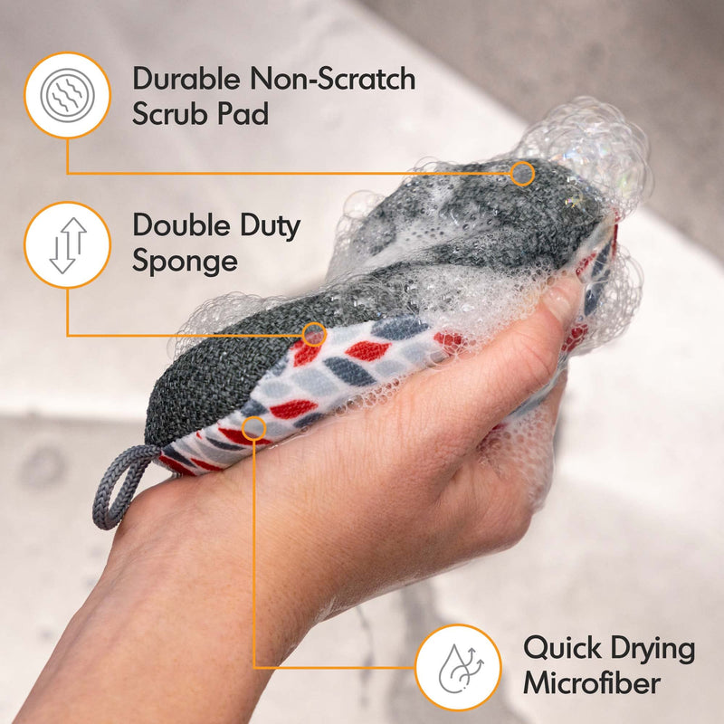 [AUSTRALIA] - MÜkitchen | Sponge for Dishes and Household Cleaning | Microfiber Print & a Non-Scratch Scrub Pad | Machine Washable & Reusable | Set of 4 | Stones 