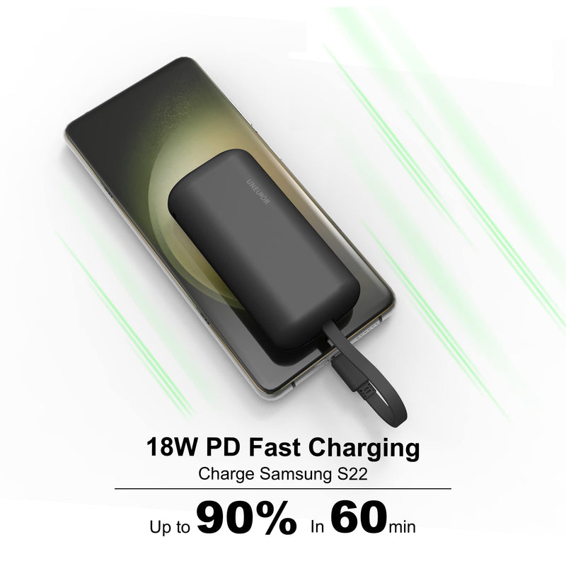 Small Portable Charger with Built-in USB-C Cable,10000mAh 18W PD Fast Charging Power Bank.Ultra-Compact LED Display Battery Pack Compatible with Samsung Galaxy S23,S22,S21,Note20/10/9,Moto,LG (Black) Black