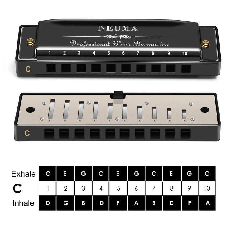 NEUMA Harmonica 10 Holes 20 Tunes Mouth Organ Blues Deluxe Harmonica, Key of C Major for Beginner, Adults, Kids Gift, Professional with Case and Cleaning Cloth, Black