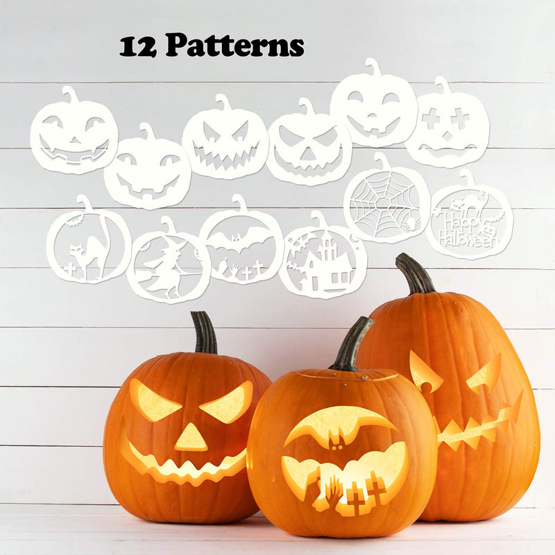 Mocoosy 12 Pcs 8 Inch Halloween Pumpkins Stencils, Decorative Pumpkin Painting Stencils Large Reusable Plastic Halloween Drawing Template for Pumpkin Design Spraying Wall Door Glass Wood