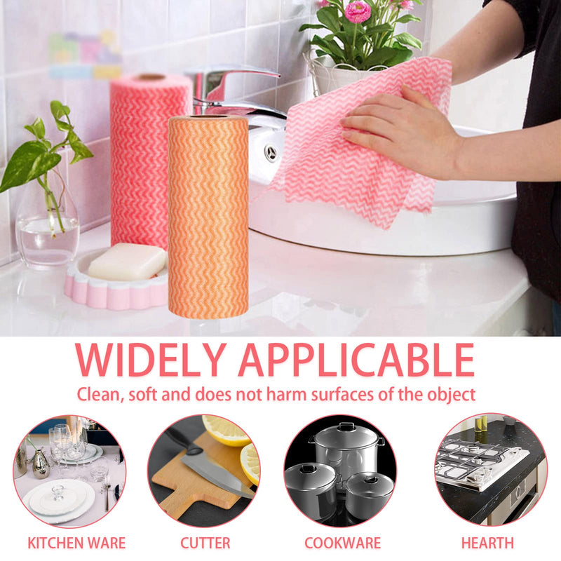 2 Rolls 100 PCS Non-Woven Disposable Kitchen Cloths, Disposable Dish Cloths, Kitchen Towels Dish Towels Dish Rags, Fast Decontamination (Red+Orange) Red+orange