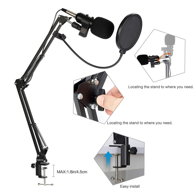 USB Condenser Microphone, Koolertron BM-900 Condenser Microphone Kit with Adjustable Microphone Suspension Scissor Arm, Shock Mount and Double-layer Pop Filter for Studio Recording and Broadcasting