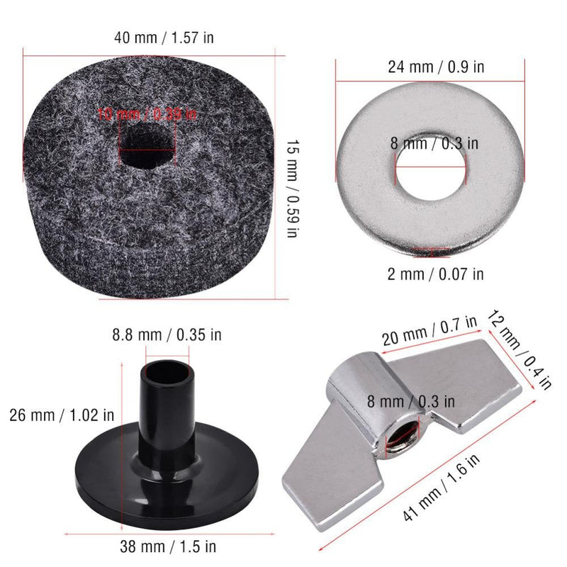 Dilwe 2Pcs Drum Cymbal Sleeve + 4Pcs 4cm Drum Cymbal Felt Washer + 2Pcs Wing Nut + 4Pcs Metal Pad Set
