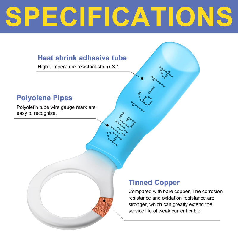 haisstronica 200pcs Blue Marine Grade Heat Shrink Ring Connectors-Tinned red Copper 0.7mm 4 Sizes #10,1/4",5/16",3/8",16-14 Gauge Heat Shrink Wire Connectors-Insulated Crimp Terminals Set Blue Ring Terminas