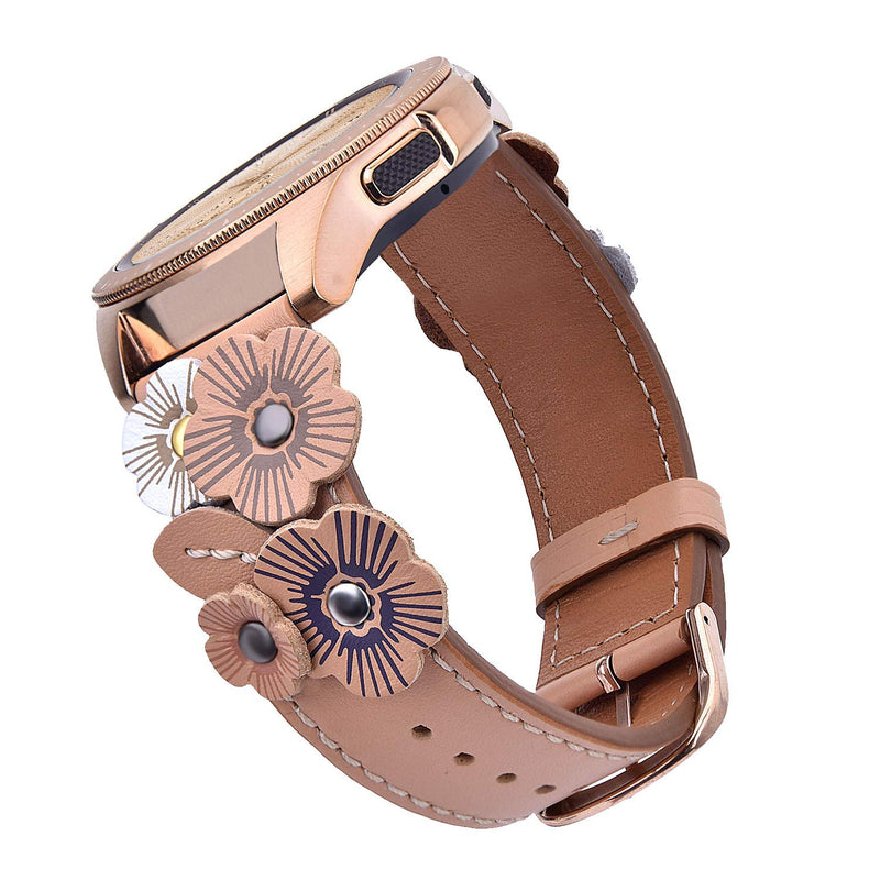 V-MORO Leather Strap Compatible with Galaxy Watch 4 Bands 40mm 44mm/Galaxy Watch 42mm Band Fashion Flower Wristband with Rose Gold Buckle for Galaxy Watch 4 Classic 42 46mm/Active 2 40mm/Active SM-R500 Beige