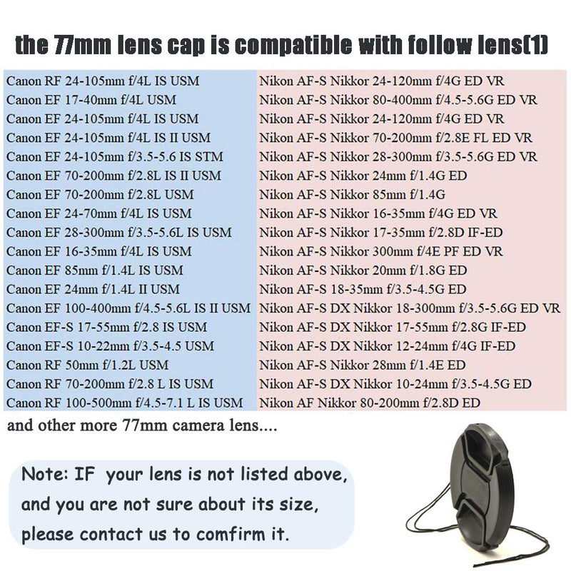 77mm Lens Cap for RF 24-105 mm f/4L Lens for Canon EOS R5 EOS R6 EOS R EOS RP Camera, for Sony FE 24-105mm f/4 Lens for Sony a7IV a7R4 Camera-2 Packs 77mm