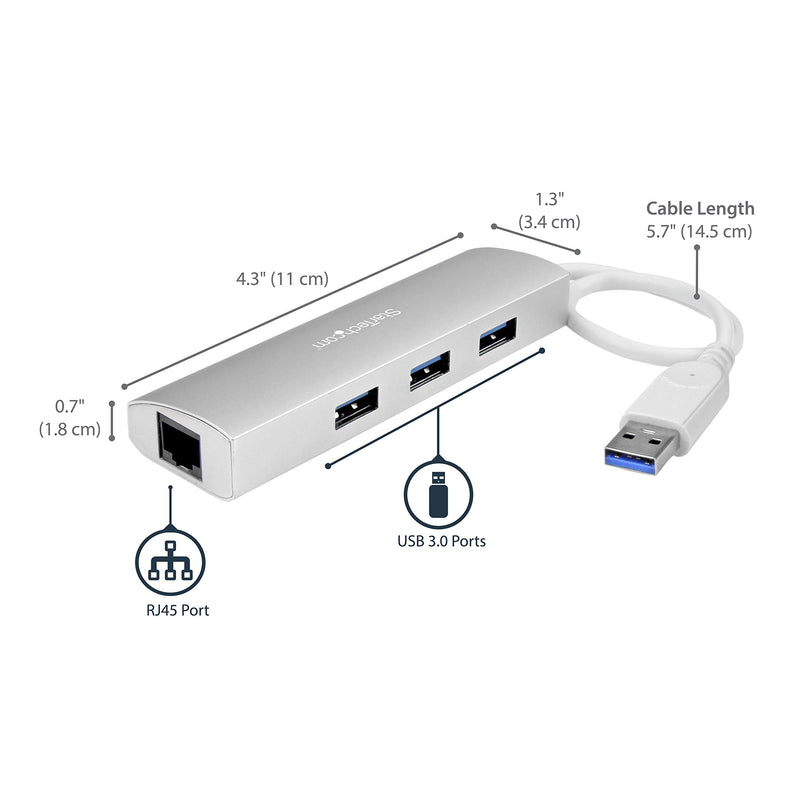 StarTech.com 3-Port USB 3.0 Hub with Gigabit Ethernet - Up to 5Gbps - Portable USB Port Expander with Built-in Cable (ST3300G3UA) Silver w/ 3 USB Ports