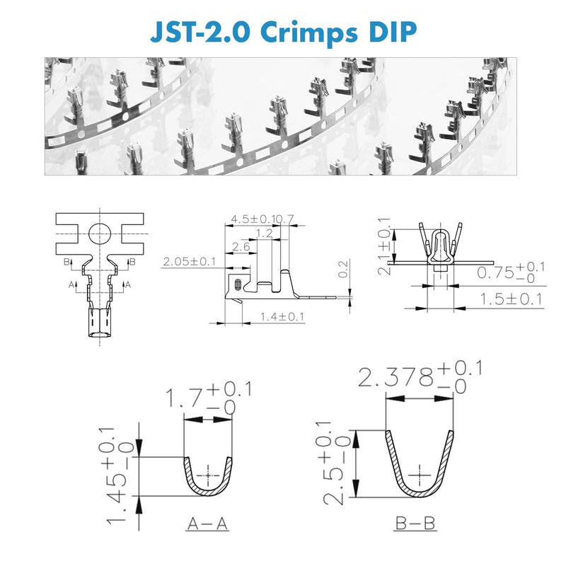 750 Pieces 2.0mm JST-PH JST Connector Kit. 2.0mm Pitch Female Pin Header, JST PH - 2/3 / 4 Pin Housing JST Adapter Cable Connector Socket Male and Female, Crimp DIP Kit. JST-PH2.0 PH 2P/3P/4P