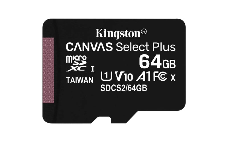 Kingston 64GB microSDHC Canvas Select Plus 100MB/s Read A1 Class 10 UHS-I Frustration Free Packaging Memory Card + Adapter (SDCS2/64GBET) microSD Card Fast (Up to 100 MB/s)