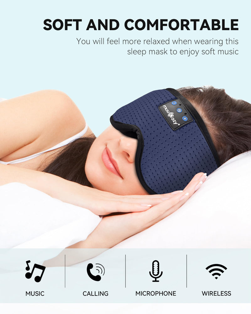 MUSICOZY Sleep Headphones Bluetooth Sleep Eye Mask for Sleeping, Wireless Music Sleeping Masks Headphones, Sleep Earbuds for Side Sleepers Men Women with Speakers Cool Tech Gadgets Blue