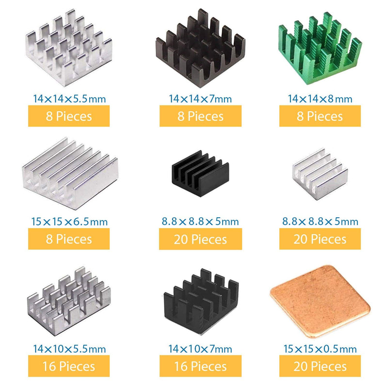 [AUSTRALIA] - Easycargo 124pcs Heatsink Kit 9 Sizes Multicolor Aluminum Copper + 3M 8810 Thermal Conductive Adhesive Tape, Cooler Heat Sink Cooling VRM VRAM CPU GPU Small IC Laptop Raspberry Pi 4 SSD NVMe M.2 PS5 Pre-Applied Thermal Tape 