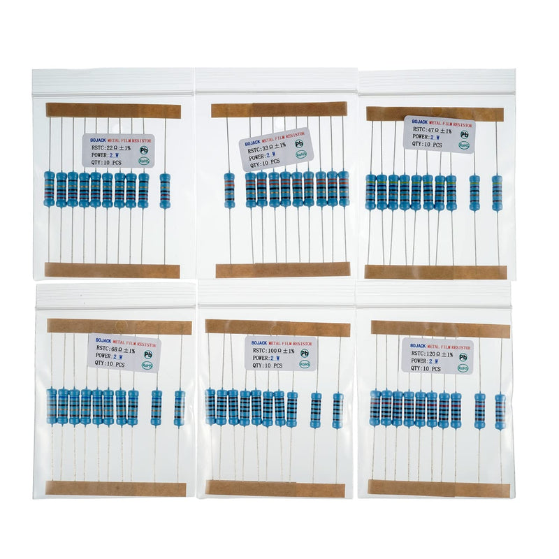 BOJACK 300 Pcs 30 Values Resistor Kit 1 Ohm - 1M Ohm with 1% 2W Metal Film Resistors Assortment 2 W