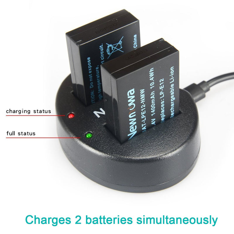 Newmowa LP-E12 Replacement Battery (2-Pack) and Dual USB Charger for Canon LP-E12 and Canon EOS M M2 M10 M50 M100 M200 EOS 100D EOS Rebel SL1 EOS KISS X7 PowerShot SX70 HS