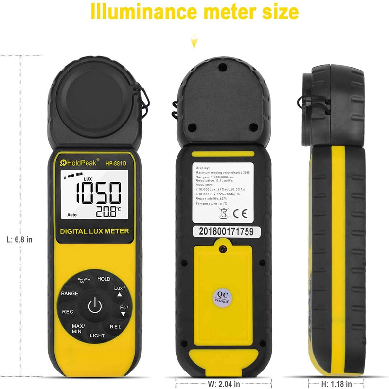 [AUSTRALIA] - Light Meter HOLDPEAK HP-881D Digital Lux Meter 0.01-400,000 Lux /1-40,000 FC Measuring Ranges and 270° Rotatable Detector for LED Lights and Plants Lumen Meter Y-HP-881D(0.01-400,000 Lux /1-40,000 FC) 