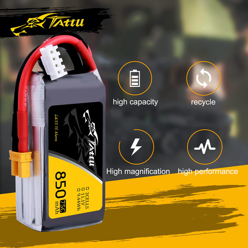 Tattu 11.1V 3S 850mAh 75C LiPo Battery Pack with XT30 Plug for 150mm to 180mm Size Micro FPV Racing Quadcopters