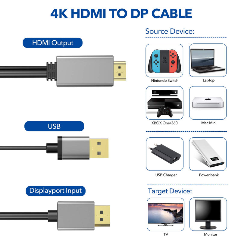 HDMI to DisplayPort Cable Adapter,Active Male HDMI to DP Video Converter Cord with Audio,Supports 4K/1080P/60Hz,Compatible with Mac Mini/Xbox One/360/PS4/PS3/NS