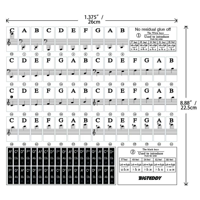 BIGTEDDY - Piano Stickers for 37/49/54/61/88 Key Keyboards - Tranparent Removable Labels for Kids Beginner Learning Music Note Suitable all Brands