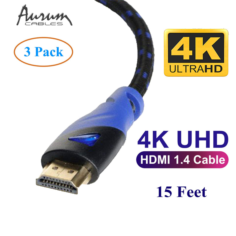 Aurum Ultra Series - High Speed HDMI Cable with Ethernet (15 Ft) - Supports 3D & Audio Return Channel [Latest Version] - 15 Feet 3 Pack 15 Ft 3 Pk