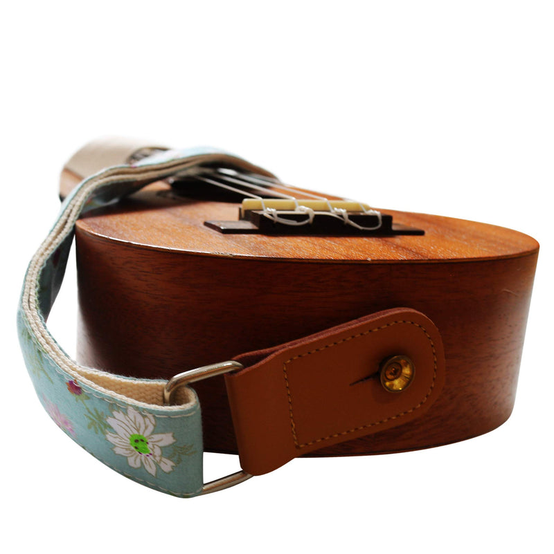 [AUSTRALIA] - MUSIC FIRST Original Design Vintage Blue “Daisy” Soft Cotton & Genuine Leather Ukulele Strap Ukulele Shoulder Strap With a MUSIC FIRST Genuine Leather Strap Locker 