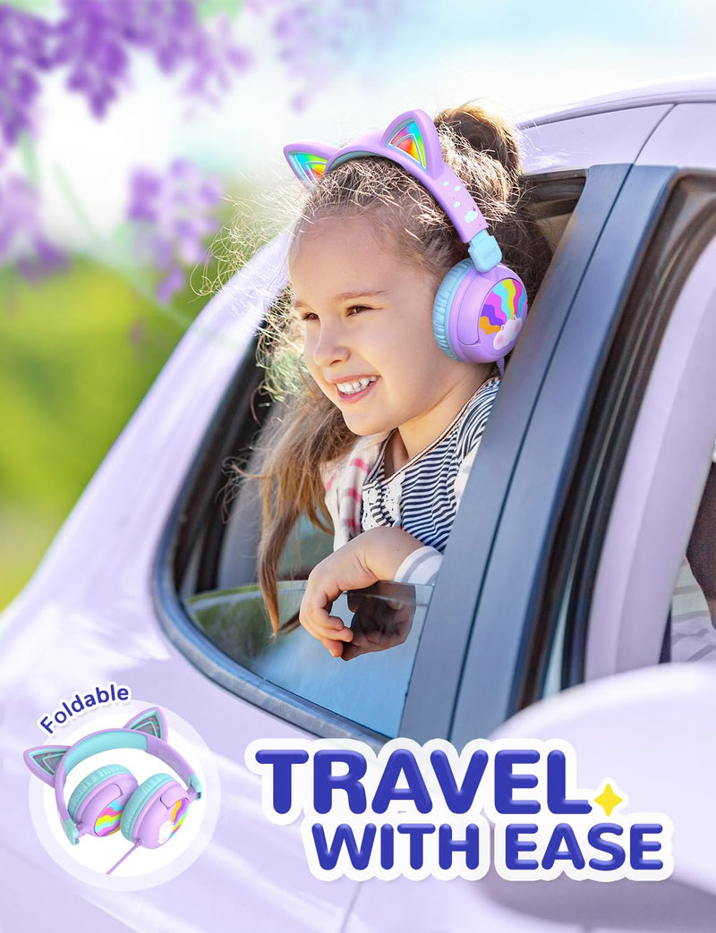 iClever Kids Headphones Cat Ear, LED Light Up, 85dBA Safe Volume, Stereo Sound Toddler Headphones for Travel School, Foldable 3.5mm Wired Kids Headphones for iPad Tablets, Meow Lollipop-Purple Purple