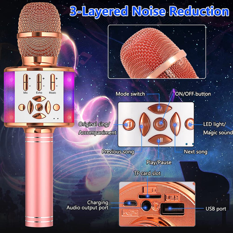 [AUSTRALIA] - Amazmic Karaoke Microphone for Adults, Wireless Bluetooth Microphone for Singing Portable Karaoke Machine Handheld with LED Lights, Gift for Kids Adults Birthday Party, Home KTV(Rose Gold) Rose Gold 