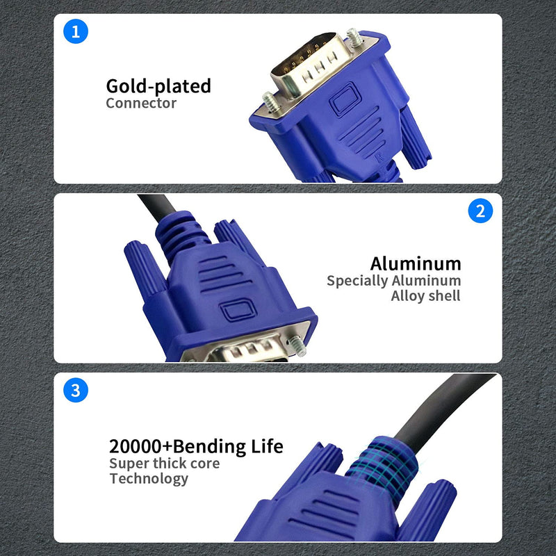 DaFuRui 3Pack VGA to VGA Cable，10Ft HD15 VGA Male to Male Cable for TV Computer VGA Monitor Cable with Blue Connector 3Pack 10Ft Male to Male