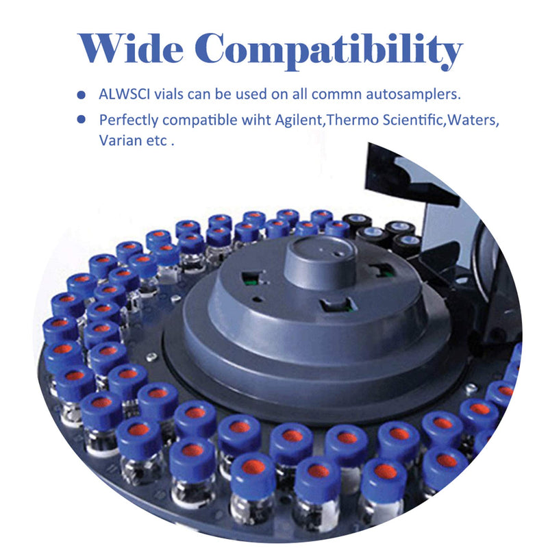 ALWSCI 2ml Clear Autosampler Vial, HPLC Vial with Writing Area, 9-425 Screw Cap, 9mm Blue PTFE & White Silicone Liner, 100pcs/pk Clear with Blue PTFE White Silicone