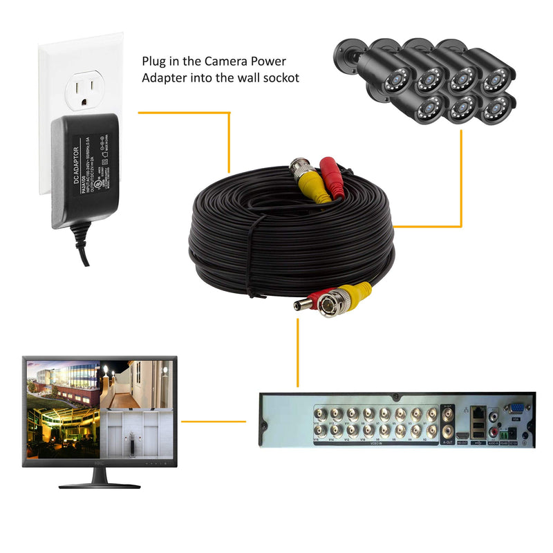 InstallerCCTV BNC Video Power Cable, 60ft All-in-One Video HD-TVI HD-CVI AHD Analog 1080p Black Premade Power Cable w/Connectors for CCTV Security Cameras - Black