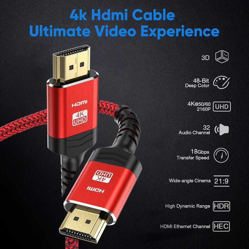 [2 Pack] 4K HDMI Cable 1.6FT/0.5m, Highwings High Speed 18Gbps HDMI 2.0 Cable, 4K HDR 3D 4K@60Hz 2160P 1080P ARC Ethernet-Braided HDMI to HDMI Cord-Compatible with Roku Fire TV 4K UHD TV Monitor-Red 1.6 feet