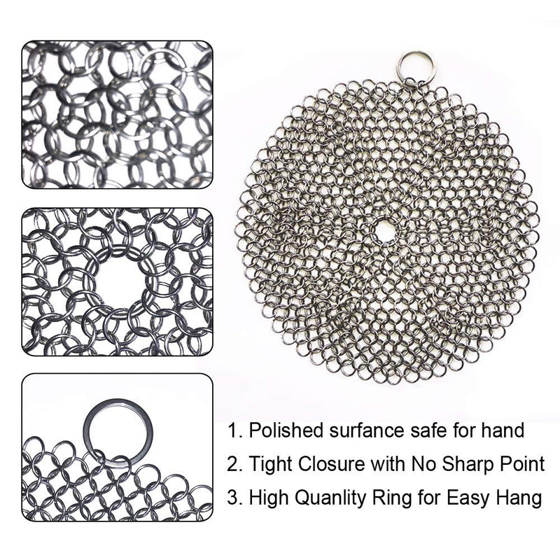 HOVhomeDEVP 316 Premium Stainless Steel Cast Iron Cleaner, Chainmail Scrubber for Cast Iron Pan Pre-Seasoned Pan Dutch Ovens Waffle Iron Pans Scraper Cast Iron Grill Scraper Skillet Scraper (8 Inch R) 8 Inch