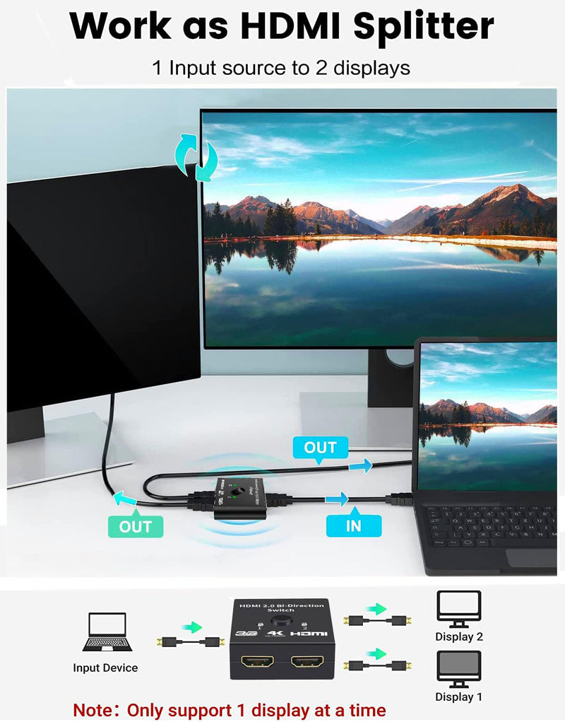 HDMI Switch 4K 60Hz, MVBOONE HDMI Splitter 2 in 1 Out, Ultra HD 4K 1080P 3D HDR, Compatible for HDTV, Xbox, PS5/4/3, Roke, Blu-Ray Player
