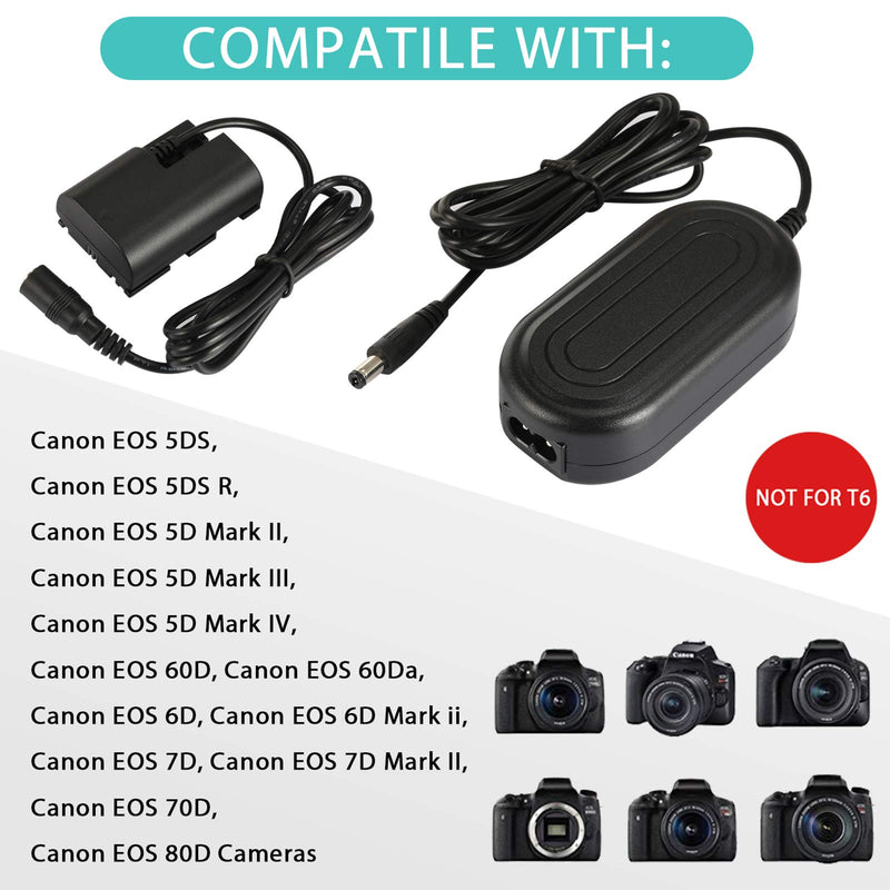 PowEver ACK-E6 Camera AC Power Adapter Replacement for LP-E6/LP-E6N Dummy Battery for Canon EOS 90D, 80D, 70D, 7D Mark II, 60D, 6D Mark II, 5D Mark II, 5D Mark III, 5D Mark IV, EOS R, R5, R6 Cameras