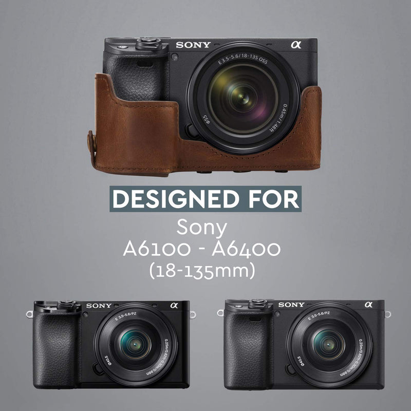 MegaGear Ever Ready Leather Camera Case Compatible with Sony Alpha A6100, A6400 (18-135mm) Brown