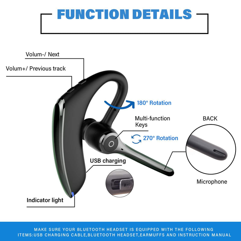 Bluetooth Headset,Wireless Bluetooth Earpiece Earphone with Noise Cancelling Earbuds Mic,V5.1 for iPhone Android Cell Phones Driving/Business/Office/Trucker