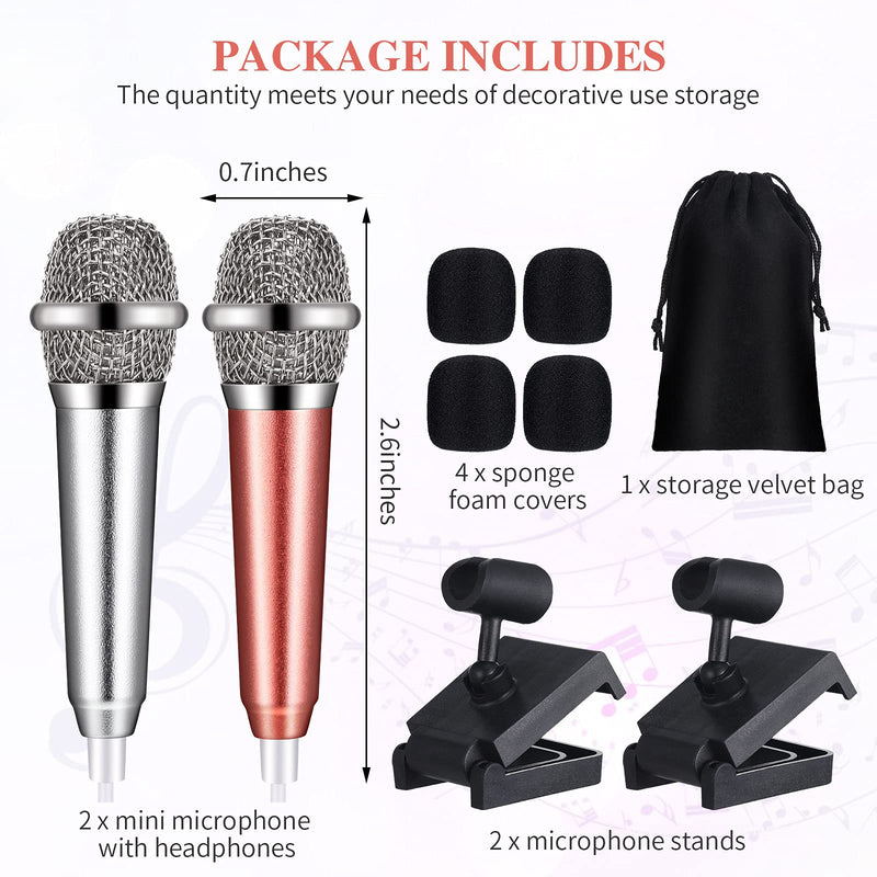 2 Pieces Mini Microphone with Earphone Kit Includes 2 Microphone Stands and 4 Sponge Foam Cover Portable Vocal Microphone for Mobile Phone, Laptop, Notebook, Podcast Recording, Silver and Rose Gold