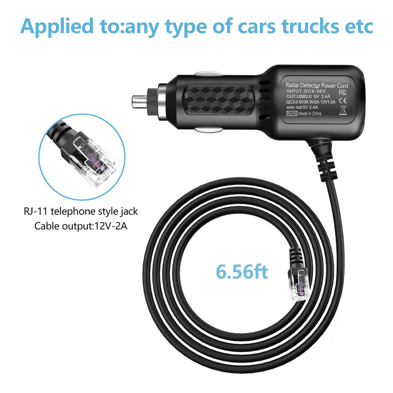 Radar Detector Power Cord,for Uniden Escort Valentine Beltronics Passport Cobra Whistler etc Radar Detector,Dual USB QC3.0 Quick Charger(6.5FT) (RJ11) RJ11