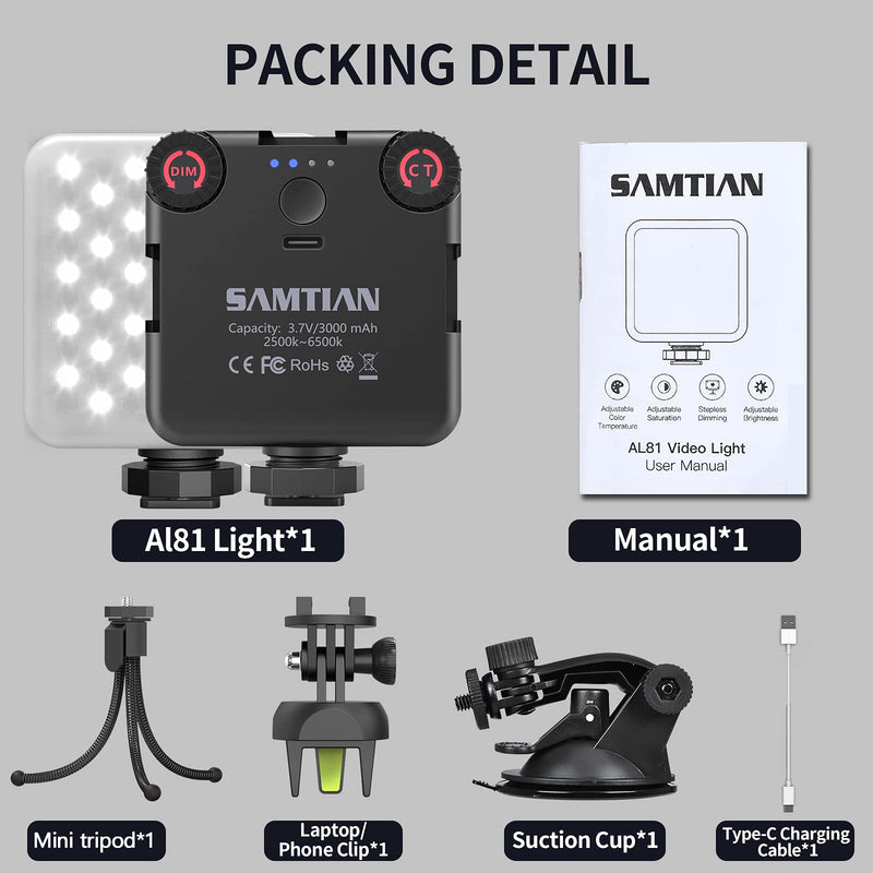 SAMTIAN LED Video Light ,81 LED Beads Mini Video Conference Lighting Kit 2500-6500K Dimmable LED Camera Lights with Suction Cup Mini Tripod 180°Rotation Movable Clip for YouTube/Blogs /Live Broadcast TL-AL81