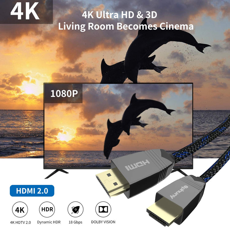 4K HDMI Cable, Bphuny High Speed 18Gbps HDMI 2.0 Cable – 4K HDR, 3D, 2160P, 1080P, Ethernet – 28AWG Braided HDMI Cord – Audio Return(ARC) Compatible with UHD TV, Blu-ray, PS4/3, PC, Fire TV 6.6ft